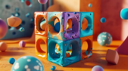 A colorful activity cube with various shapes and textures for exploration