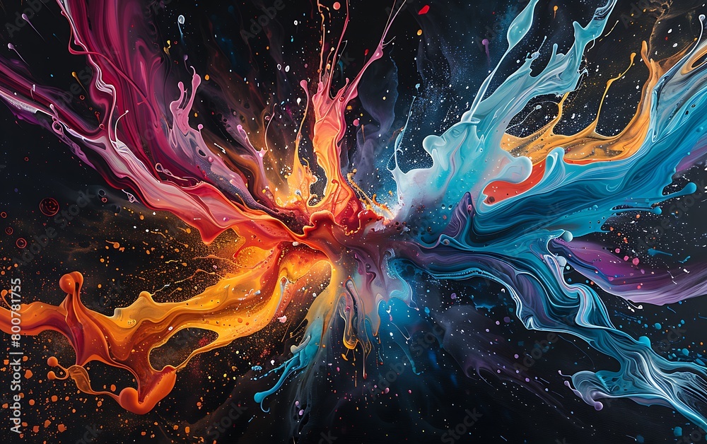 Poster fluid shapes dancing in a burst of colors