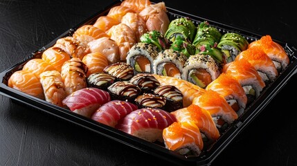 Gourmet sushi platter with a variety of rolls and sashimi, focused lighting to highlight the freshness and quality of the seafood, isolated background