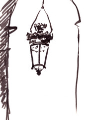hanging street lamp, black and white sketch