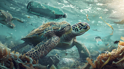 A turtle swims with plastic waste, bottles thrown away in the ocean. describes environmental pollution in the ocean due to careless dumping of rubbish - obrazy, fototapety, plakaty