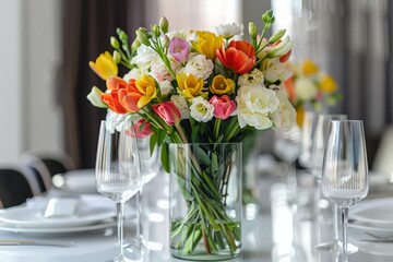 A modern spring bouquet with freesias, ranunculus and tulips in a beautiful vase on a white dining table