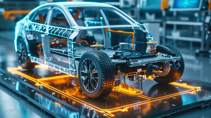 Fototapeta premium Robot Assistance in EV Workshop: Advancing Battery Module Maintenance