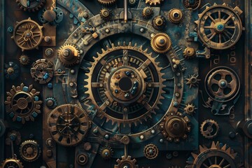 Fototapeta na wymiar An intricate, clockwork-inspired lock mechanism, interlocking gears and coded symbols representing the complexities of encryption, photorealistic