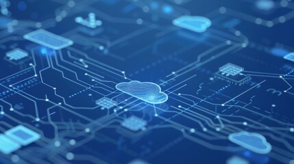 Blueprint-style flowchart representing cloud data migration, servers, storage, and network components connected by directional arrows