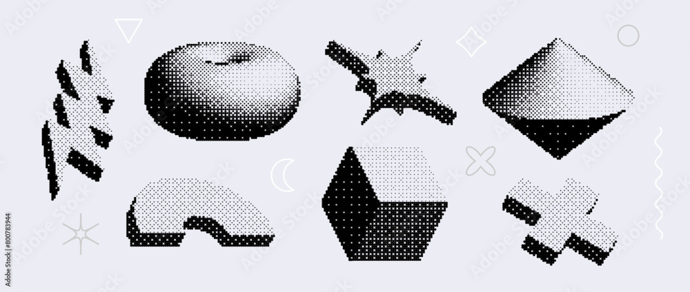 Poster Bitmap textured shapes set. Dither halftone geometric objects collection. Black torus, cube, cross, star, bolt elements for banner, poster, leaflet. Pixelated 3d raster effect bundle. Vector pack