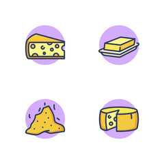 Dairy products line icon set. Cheese wheel, slice, butter in butter dish, fresh cottage cheese, smell. Cheese, breakfast, food concept. Vector illustration for web design and apps