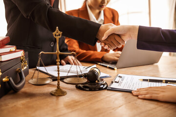 Shaking hands, Lawyers offer legal guidance, stand for clients in court, and aid with legal paperwork. analyze laws to safeguard clients' rights and interests, fair representation and justice.