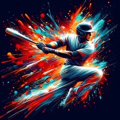 illustration of A baseballer with splashes of paint surrounding for t-shirt design