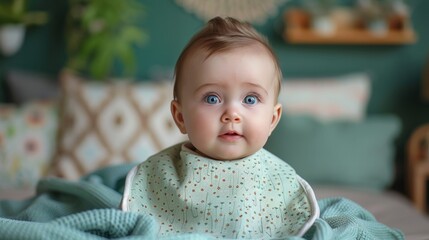 Cute little baby girl with blue eyes sitting on the bed.