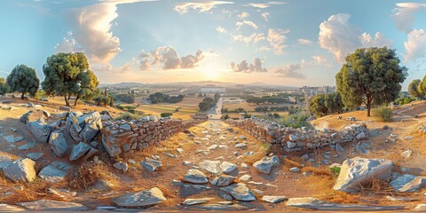 equirectangular photograph of a landscape of an ancient city
