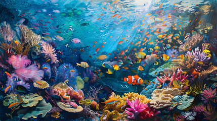 Naklejka na ściany i meble the beauty of the colorful underwater world, beautiful fish and coral reefs