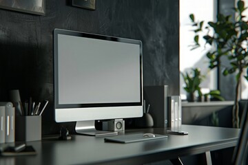 Close-up, Modern office workspace with desktop computer white display and office decorations on a table over dark grey wall. 3d rendering, 3d illustration