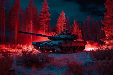 Infrared view of an M1 Abrams tank moving through a dark forest at night, its heat signature glowing eerily