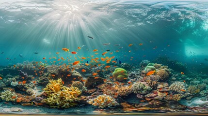 Panoramic view of a colorful coral reef teeming with fish, sunlight dappling through the water