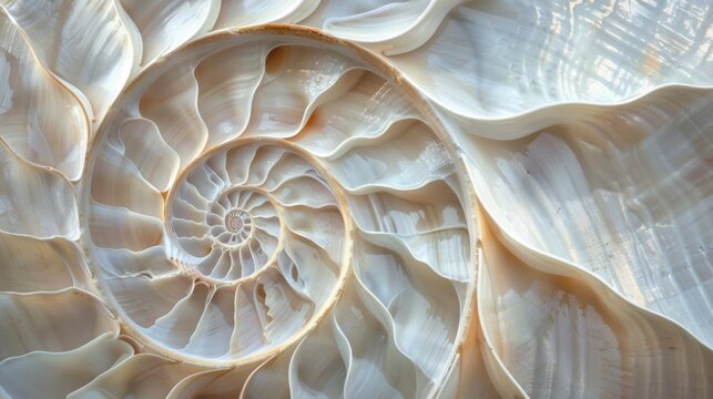 Nautilus shell inspired geometric pattern, spiraling Fibonacci sequence