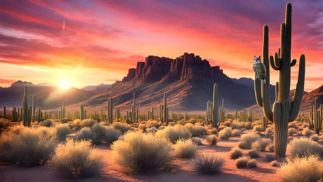 sunset in the mountain rock with cactus. Seamless looping time-lapse 4k video animation background