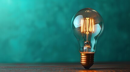 A light bulb illuminated on a block with space for text on a solid, impactful teal background, symbolizing innovation and ideas for business or educational concepts.