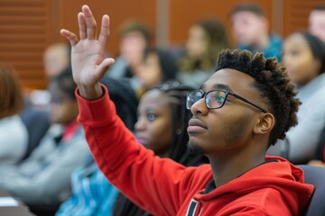 Student raising hand in a classroom