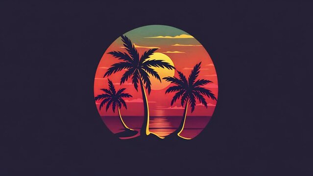Illustrated video logo of palm trees with Marijuana style leaves on a beach with the sun setting in the distance. Logo for Hawaiian cannabis products company.