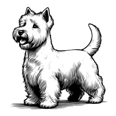 Cute Scottish Terrier dog in full-body, hand drawn sketch. Vector isolated on white background