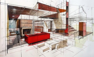 interior architectural sketch, in the style of modular design