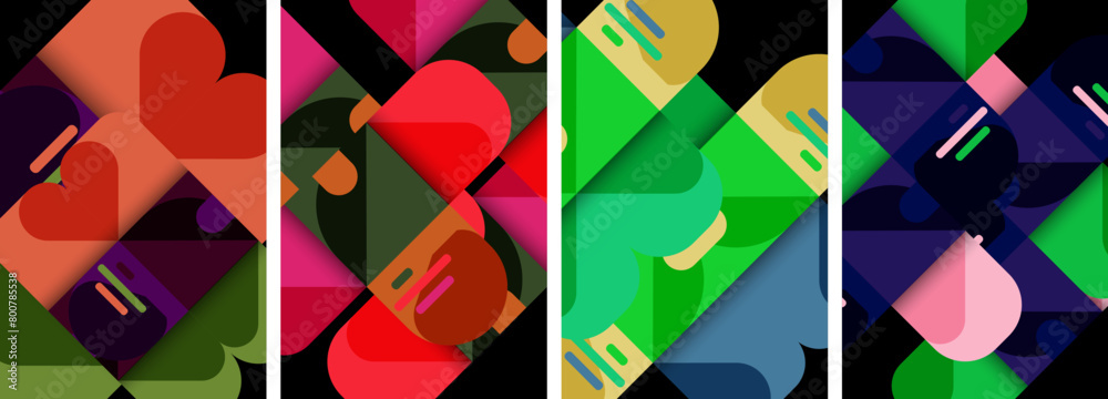 Poster An array of vibrant geometric patterns on a dark canvas, showcasing colorfulness and symmetry. This creative textile art features rectangles, triangles, and a variety of tints and shades