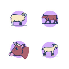 Farm animals line icon set. Sheep, cow, bull head, goat. Farming concept. Vector illustration for web design and apps
