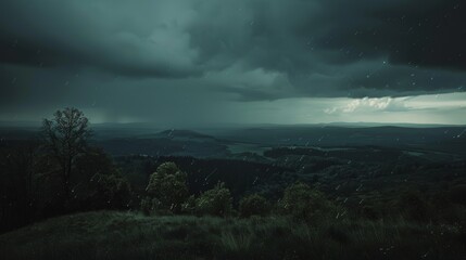 A illustration depicting a dark and menacing sky looming over a valley filled with trees. The clouds are heavy and ominous, casting shadows over the landscape below.