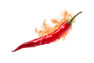 A fiery red chili pepper engulfed in flames, representing hot taste and spiciness on a transparent background. Generative AI