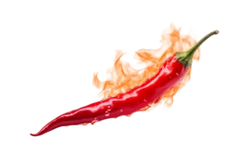  A fiery red chili pepper engulfed in flames, representing hot taste and spiciness on a transparent background. Generative AI © Anasaiimages