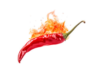 A fiery red chili pepper engulfed in flames, representing hot taste and spiciness on a transparent background. Generative AI