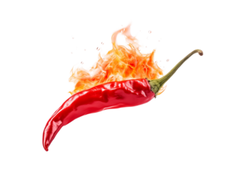 A fiery red chili pepper engulfed in flames, representing hot taste and spiciness on a transparent background. Generative AI