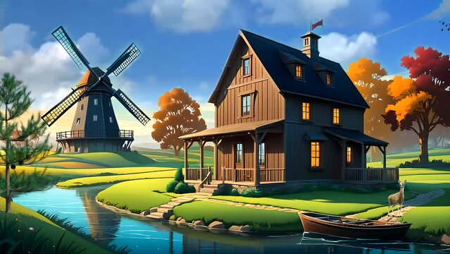 Windmill with wooden home in the country. Seamless looping time-lapse 4k video animation background
