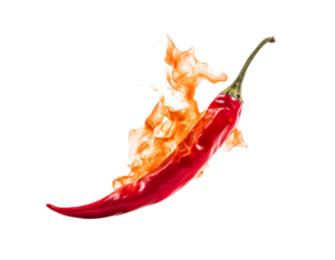 A fiery red chili pepper engulfed in flames, representing hot taste and spiciness on a transparent background. Generative AI