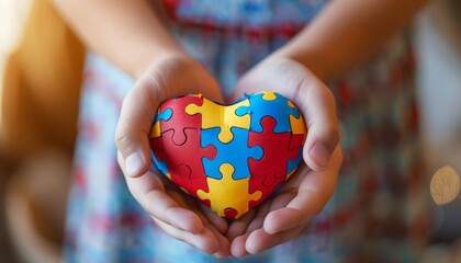 Little girl holding a puzzle heart. Autism awareness concept.