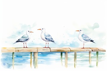 Three watercolor seagulls on a wooden pier with a white background.