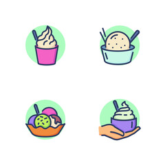 Ice cream in bowl line icon set. Sundae bubble in bowl, paper bowl, hand holding ice cream, sundae balls in glass. Desserts concept. Vector illustration for web design and apps