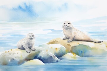 A watercolor painting of two seals sitting on top of rocks in the ocean