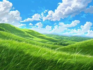 Serene summer landscape with rolling green hills and fluffy white clouds in a clear blue sky.