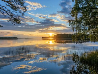 Fototapeta premium Tranquil lake at sunset with vibrant sky and soft clouds reflecting on the water.
