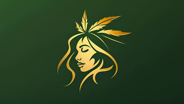 Pushing towards a green and gold logo of a Hawaiian woman with a marijuana leaf in her hair. Logo or background for Hawaiian cannabis products company.