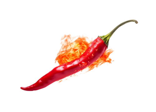 A fiery red chili pepper engulfed in flames, representing hot taste and spiciness on a transparent background. Generative AI