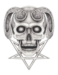 Demon skull tattoo design by hand drawing on paper