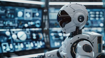 Fototapeta premium 3D rendering of a robot interacting with a virtual display, demonstrating its functionality in a technological context.