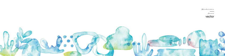  水彩画。水彩タッチのベクターグラデーションフレーム。夏の涼しげ落書き背景。幾何学。Watercolor. Vector gradient frame with watercolor touch. Cool summer graffiti background. Geometry.