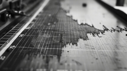 Black and white close-up of a seismograph machine needle recording ground movement, indicating seismic activity on graph paper.