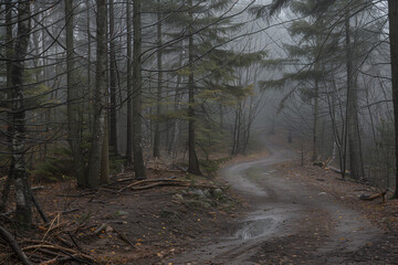 Obraz premium Minimalist Forest Scene with Asymmetrical Composition Featuring S-Curves, Diagonal Lines, and a Pathway, Cinematically Color-Graded in a Misty, Foggy Setting with Lots of Negative Space 