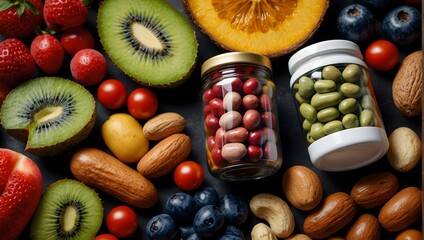 Medicine health concept. Nutritional supplement and vitamin supplements as a capsule filled with vibrant fruits, vegetables, nuts, visually highlighting the nutrient-rich contents ai_generated