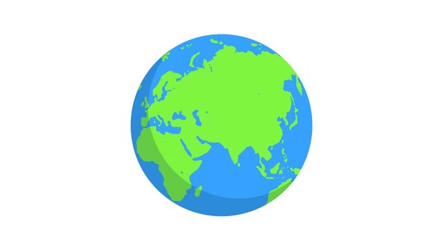 Animated Globe Rotating, Flat design Spinning Earth, looping Animation. Alpha channel, transparent background. 4K resolution 
